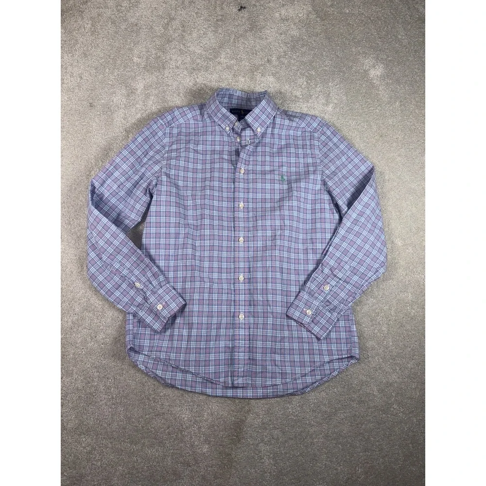 ralph lauren boys large 14-16 blue pink plaid long sleeve‎ button up